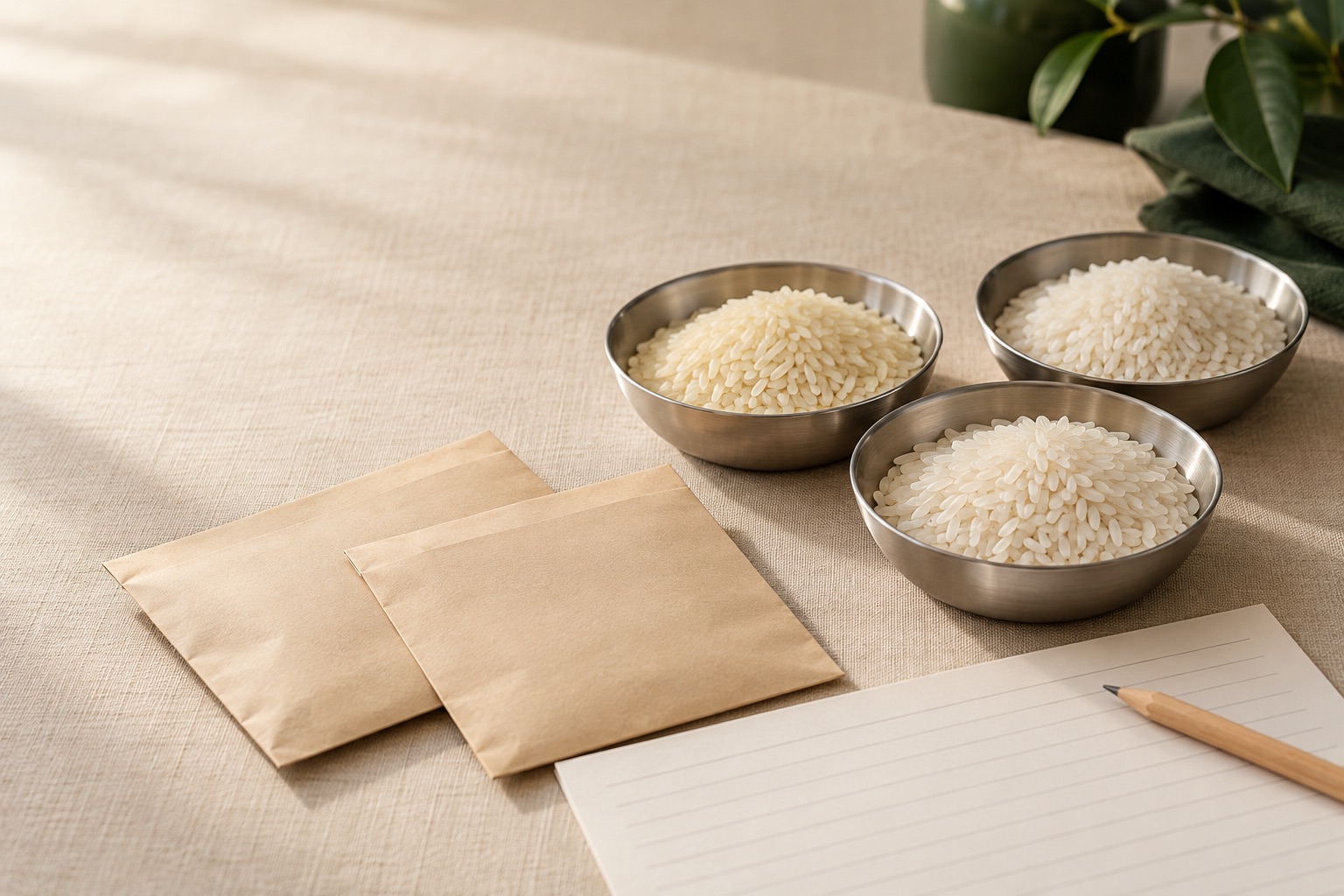 Rice sample bowls and blank specification papers on an editorial buyer’s desk