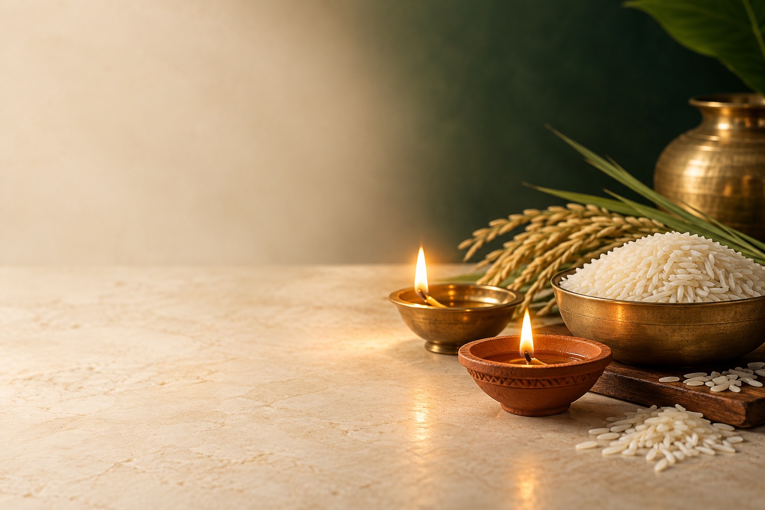 Glowing diyas with a brass bowl of rice