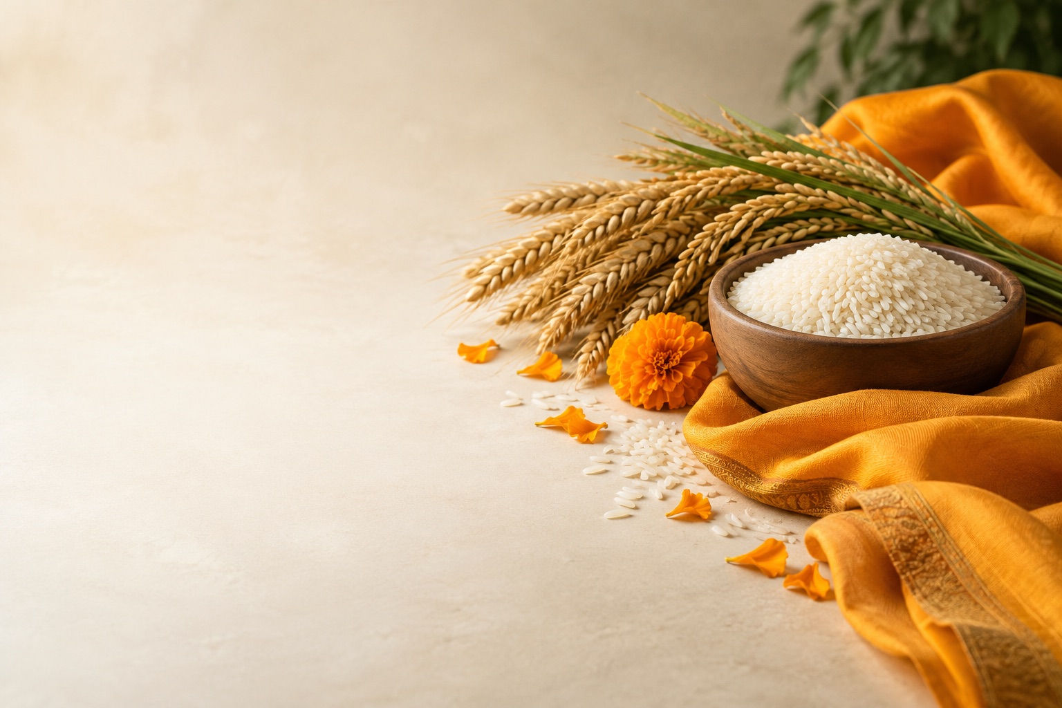 Saffron cloth, marigolds and grain