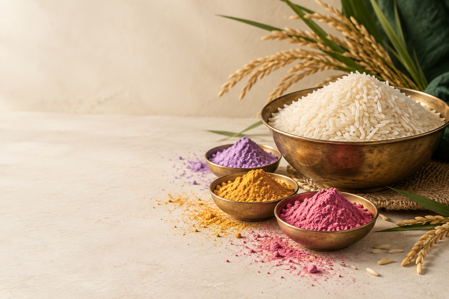 Brass bowls of Holi colours and rice grains