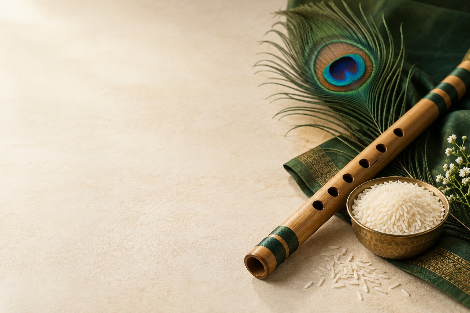 Flute and peacock feather beside rice