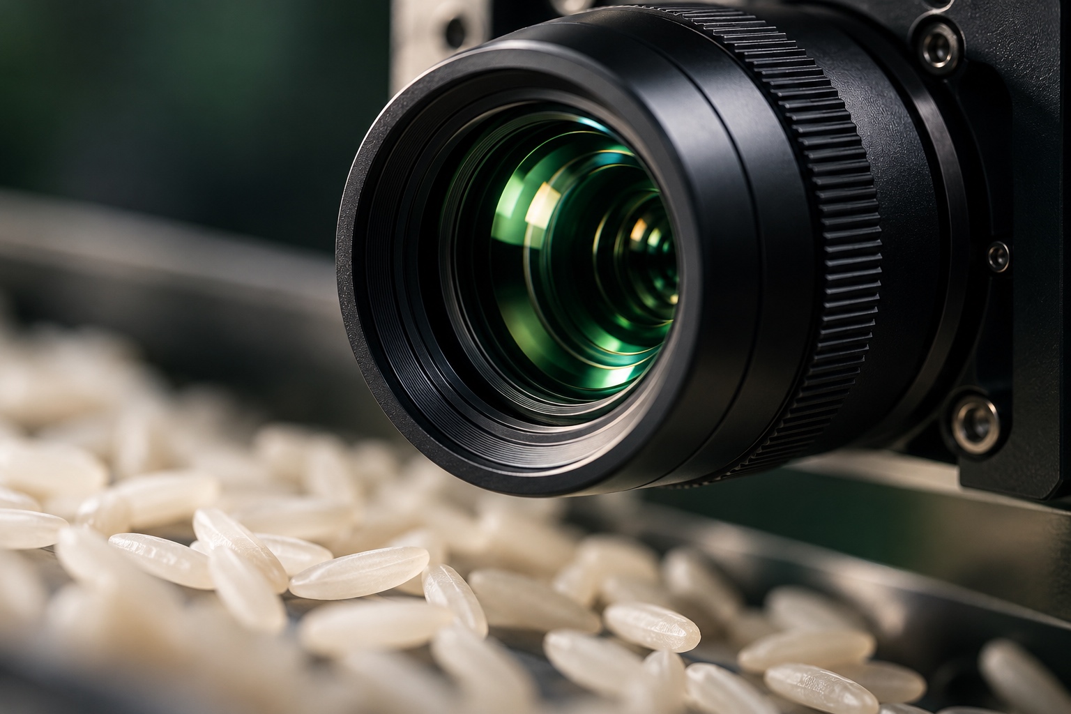 Conceptual close-up of a machine-vision camera lens for grain inspection