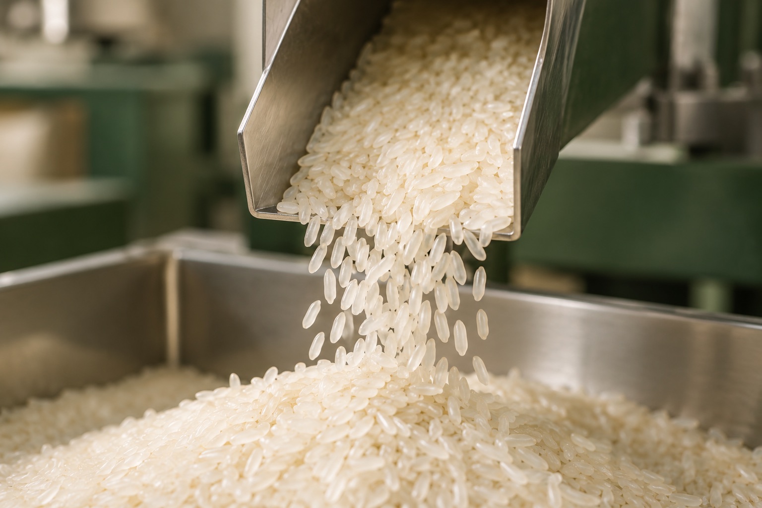 Rice flowing from a steel chute, an illustrative milling study