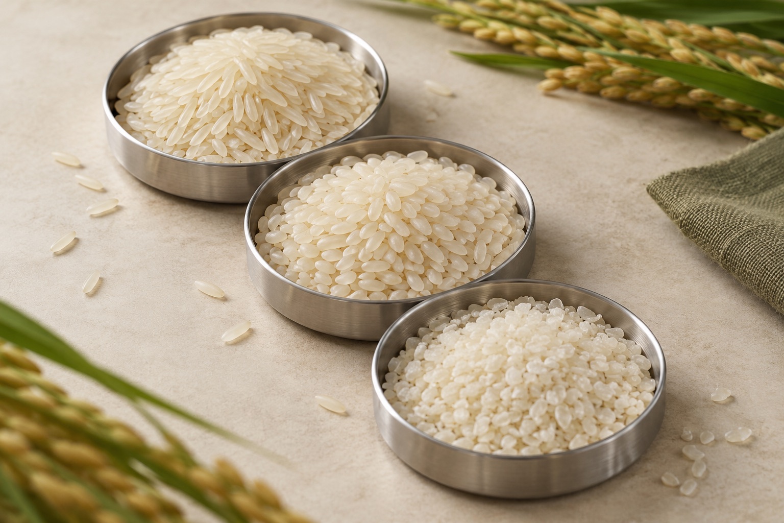 Three grades of rice in steel sample dishes, an illustrative sorting study