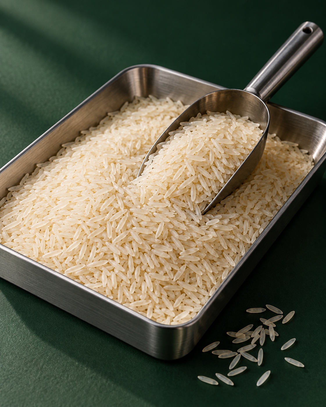 Rice and a metal sample scoop in an editorial grain study